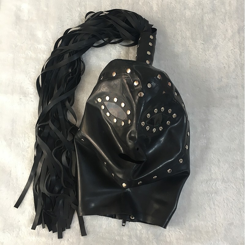Latex Hood with Transparent Eye Lens and Rivet Decoration Rubber Mask Club Wear gallery