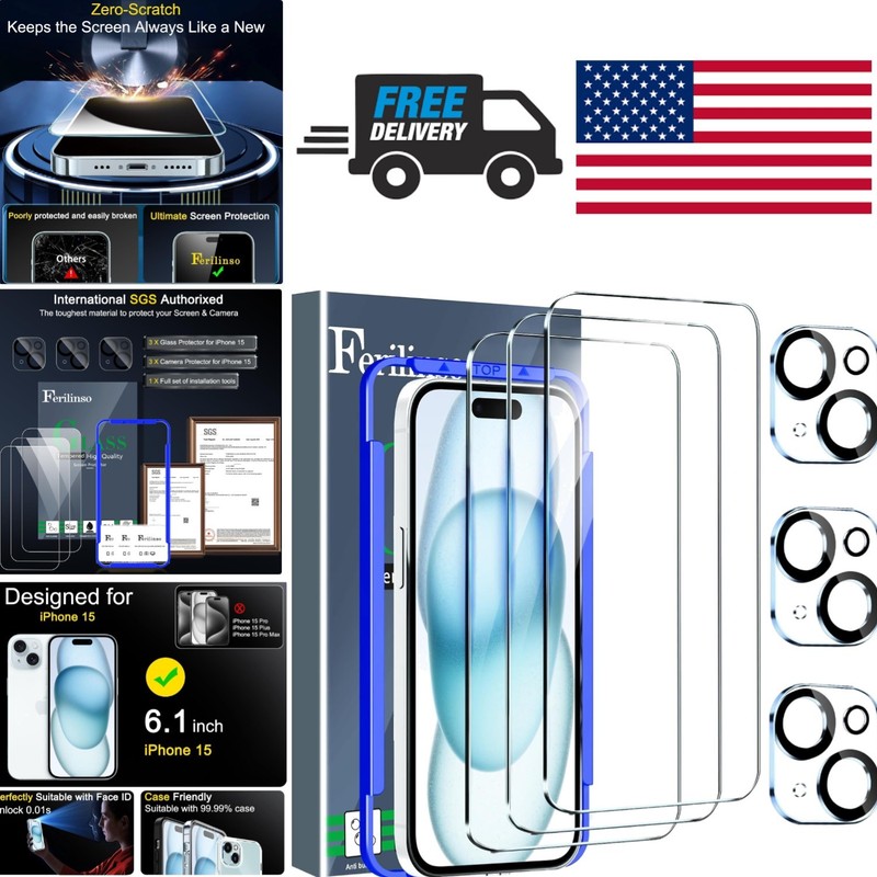 3 Pack Screen Protector for iPhone 15 with Tempered Glass Camera Lens Cover