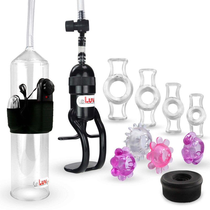 LeLuv Penis Pump with Bullet Zgrip EasyOp Black, 4 Clear, 4 Jelly Rings