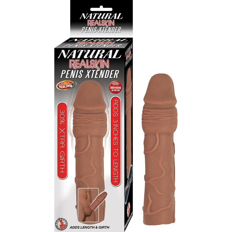Waterproof Vibrating Penis Extender Adds 3 In. Extension Natural Realskin Brown