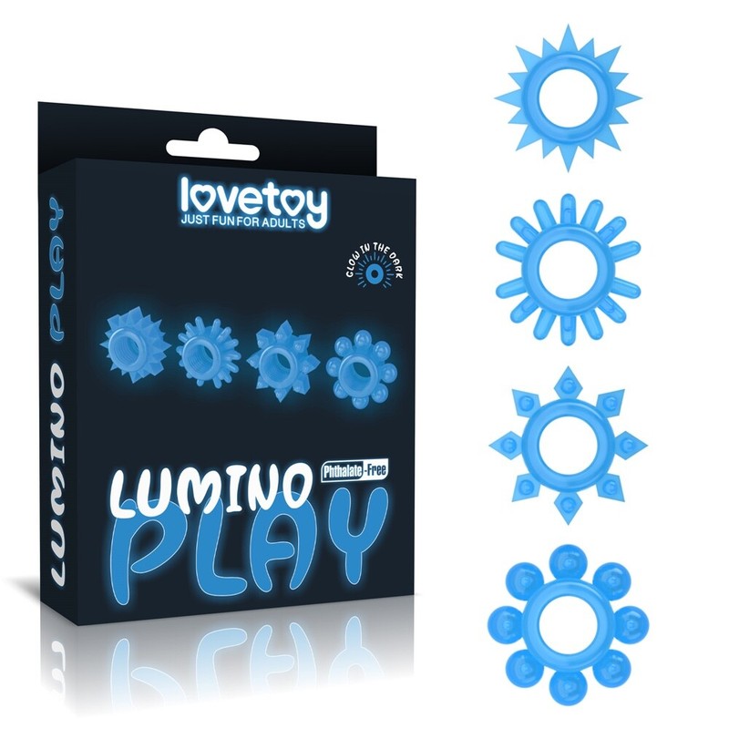 Lumino Play Textured Penis Ring 4 Pack Blue Glow in the Dark Sex Toy for Men