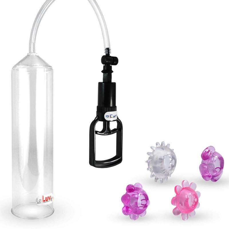 LeLuv Penis Pump EasyOp Tgrip Handle with 4 Stretchy Cock Rings