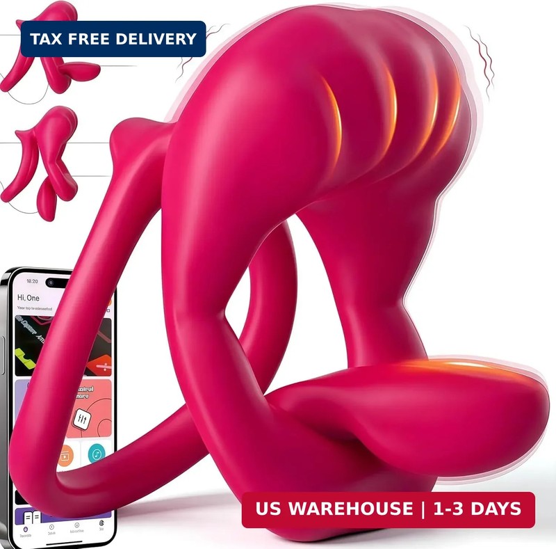 Vibrating Cock Ring with Flexible Tongue Vibrator, Dual Penis Ring with Mouth-Sh