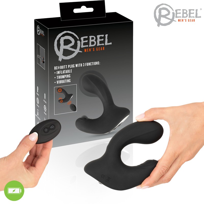 Rebel RC Butt Plug with 3 Functions, Inflatable Thumping Anal Vibrator – Black