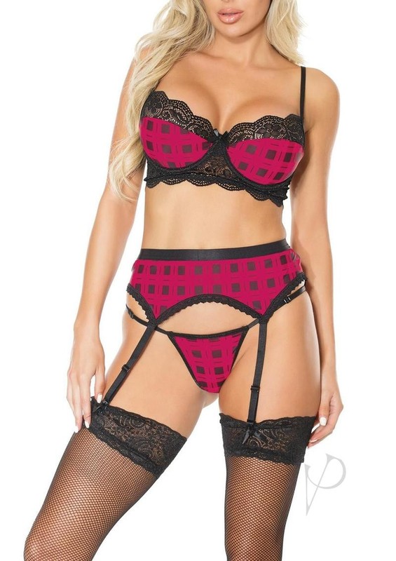 Pink Pussycat Plaid Bra, Garter Belt and G-String – Large – Pink/Black