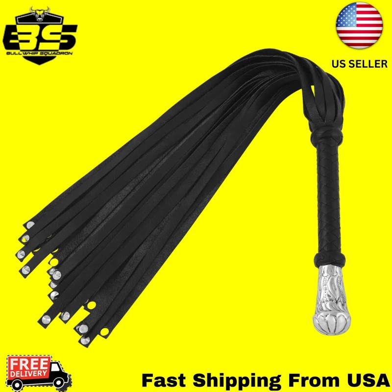Genuine Cow Hide Leather Flogger 25 Falls Black Heavy & Steel Studded