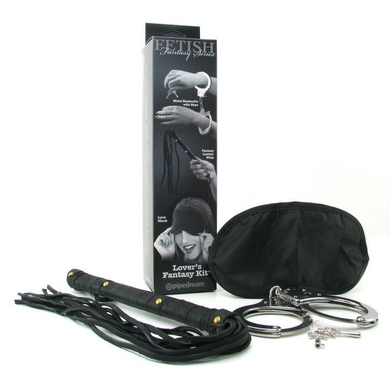 Fetish Fantasy Lover&rsquo;s Fantasy Bondage Kit – Black Leather Whip Metal Cuffs Mask
