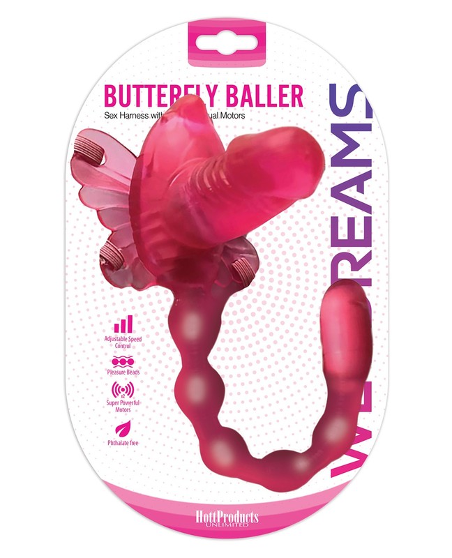 Hott Products Wet Dreams Butterfly Baller Harness, Pink – Dual-Motor Vibrator