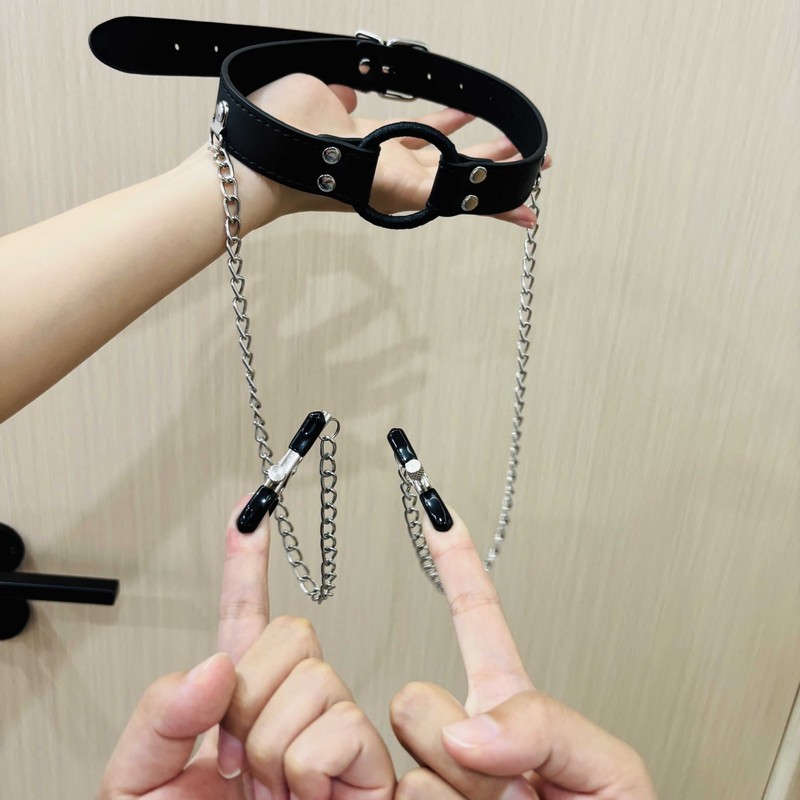Fetish Open Mouth O-Ring Gag with Nipple Clamps Chain Clip Bondage BDSM Sex Toys gallery
