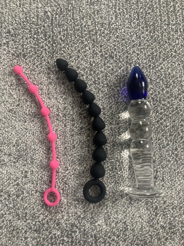 Pink and Black Anal Beads String, Glass Dildo