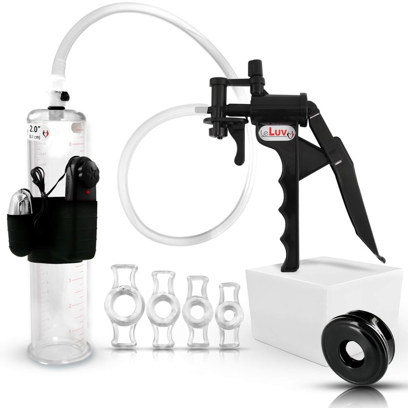 LeLuv TYRO Vibrating Penis Pump | 4 Constriction Rings & Airtight Cylinder Seal