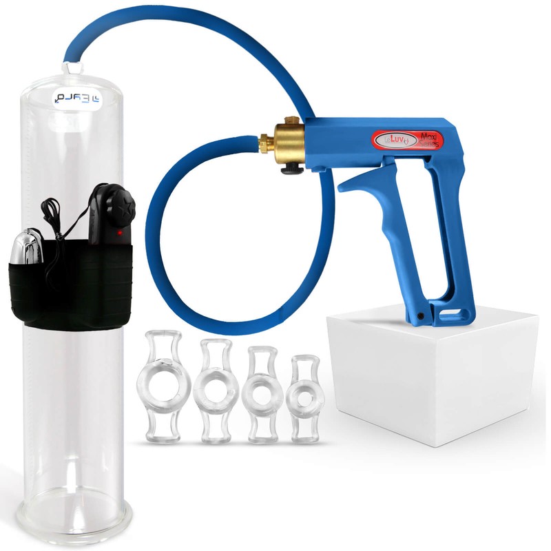 LeLuv Maxi Vibrating Penis Pump Blue/Purple + Premium Hose & Constriction Rings