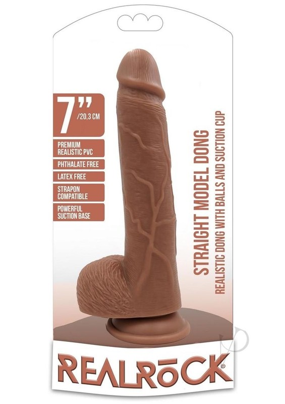 RealRock Straight Realistic Dildo with Balls and Suction Cup 7in – Caramel