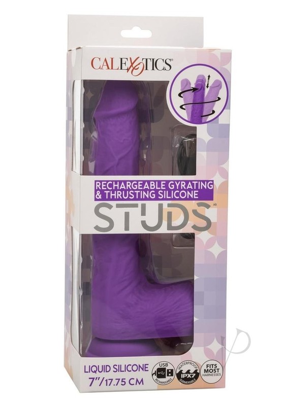 Gyrating and Thrusting Silicone Rechargeable Studs Dildo 7in – Purple