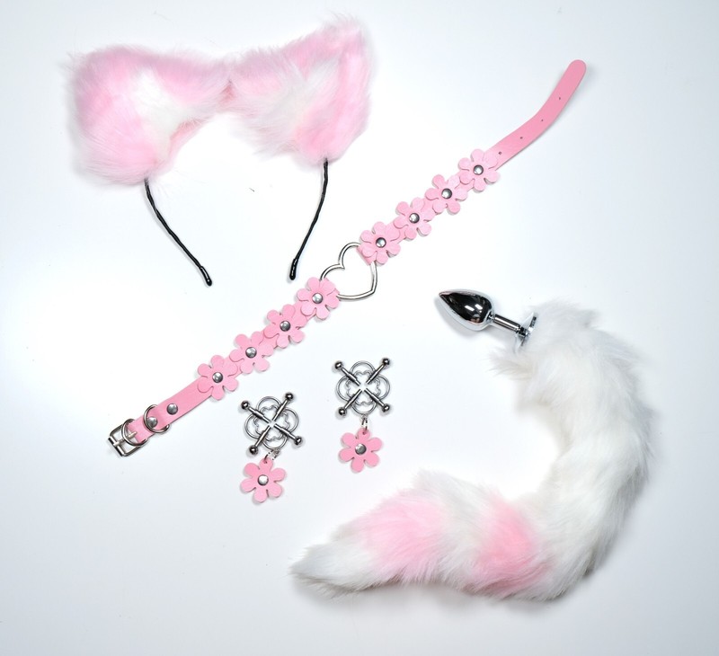 18+ Mature Pet Play Starter Set Fox Kitty Pink Ears Plum Bossom Collar Anal Butt