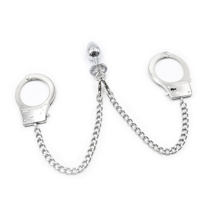 Binding and Adjusting Iron Chains Metal Handcuffs with Metal Anal Plugs Toys