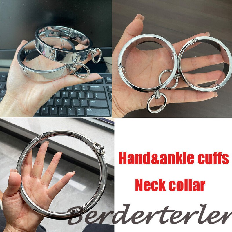 Metal Bondage Handcuffs Ankle Cuffs Round Neck collar Locking Slave Sex Toy