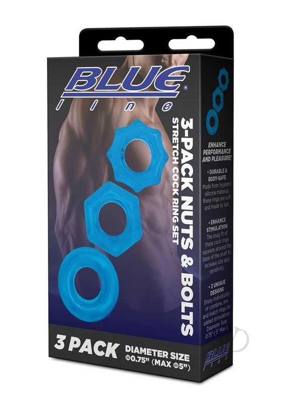 Blue Line Nuts and Bolts Stretch Cock Ring (3 Pack) – Blue