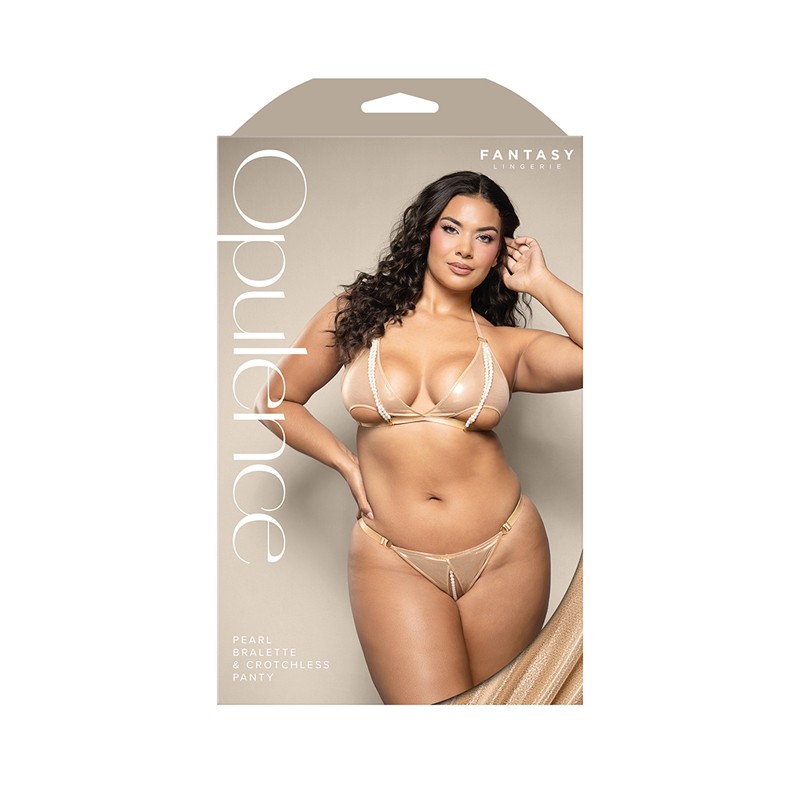 Fantasy Lingerie Opulence Foiled Mesh Cut-Out Pearl Halter Bralette & Crotch