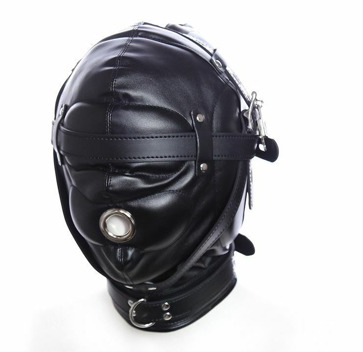 PU Leather Black BDSM Bondage Hood Mask Lock Open Mouth Slave Play Restraint #72