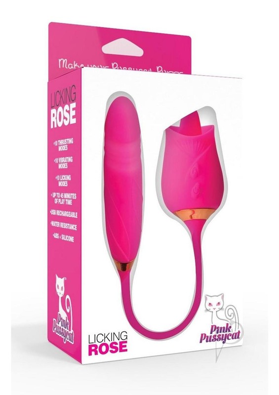 Pink Pussycat Vibrating Licking Rechargeable Silicone Rose with Remote – Pink