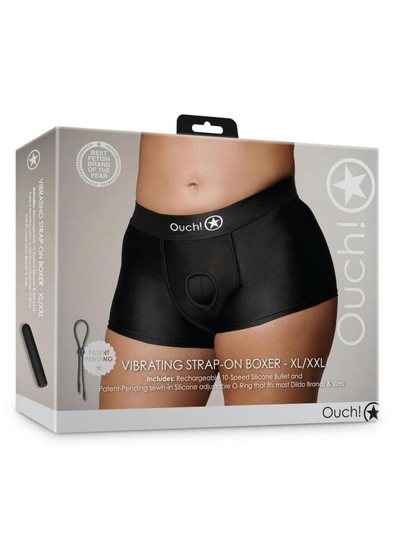 Ouch! Vibrating Strap-On Boxer with Rechargeable Bullet – XL/2XL -Black