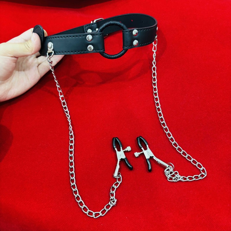 Fetish Open Mouth O-Ring Gag with Nipple Clamps Chain Clip Bondage BDSM Sex Toys