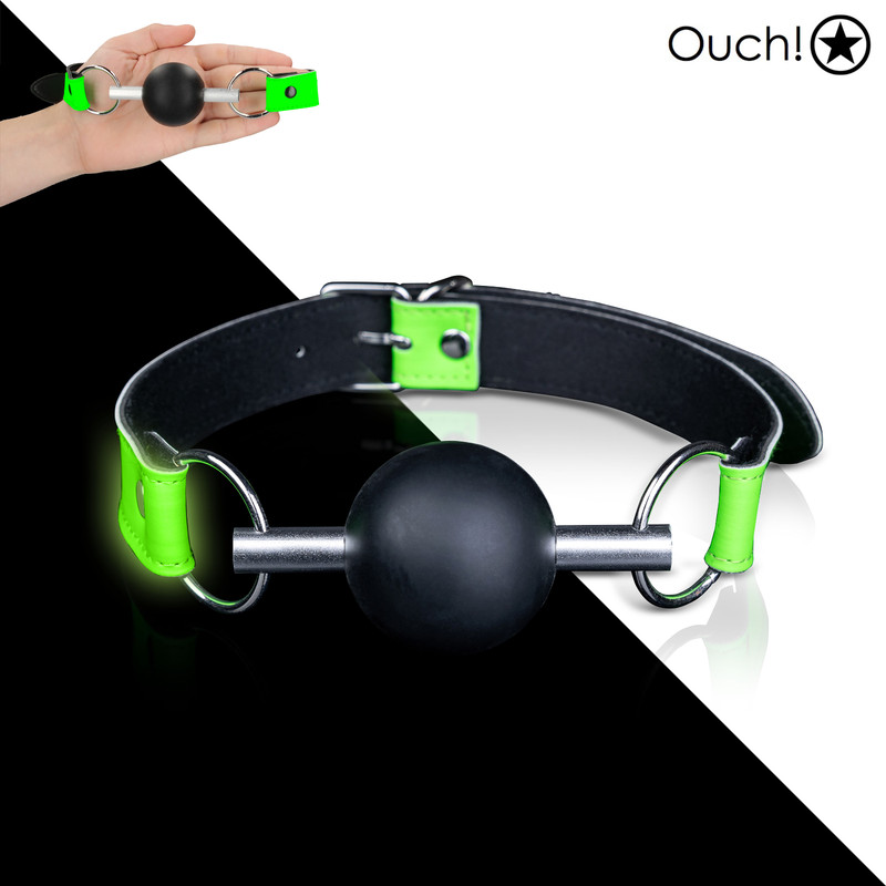 Ouch! – Glow in the Dark Smooth Black Silicone Bite Gag Closed Fluo