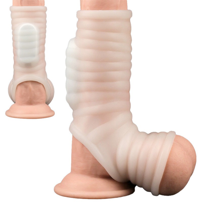 Ribbed Vibrating Penis Sleeve & Scrotum Pouch Ball Stretcher 45% Girth, Reusable