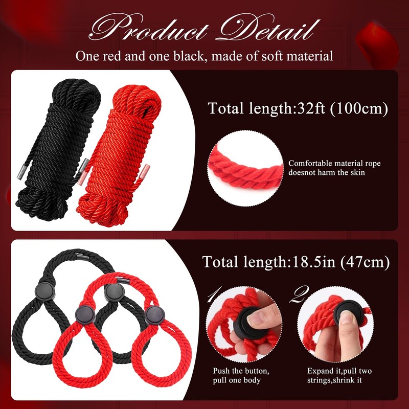 BDSM Bondage Rope Kit 4PCS Sex Restraints with 2x32ft Soft Nylon Black, Red gallery