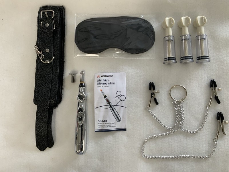 5 Piece Couples Toy Box, Nipple Suckers, Nipple Clamps, Shocker, Mask Handcuffs