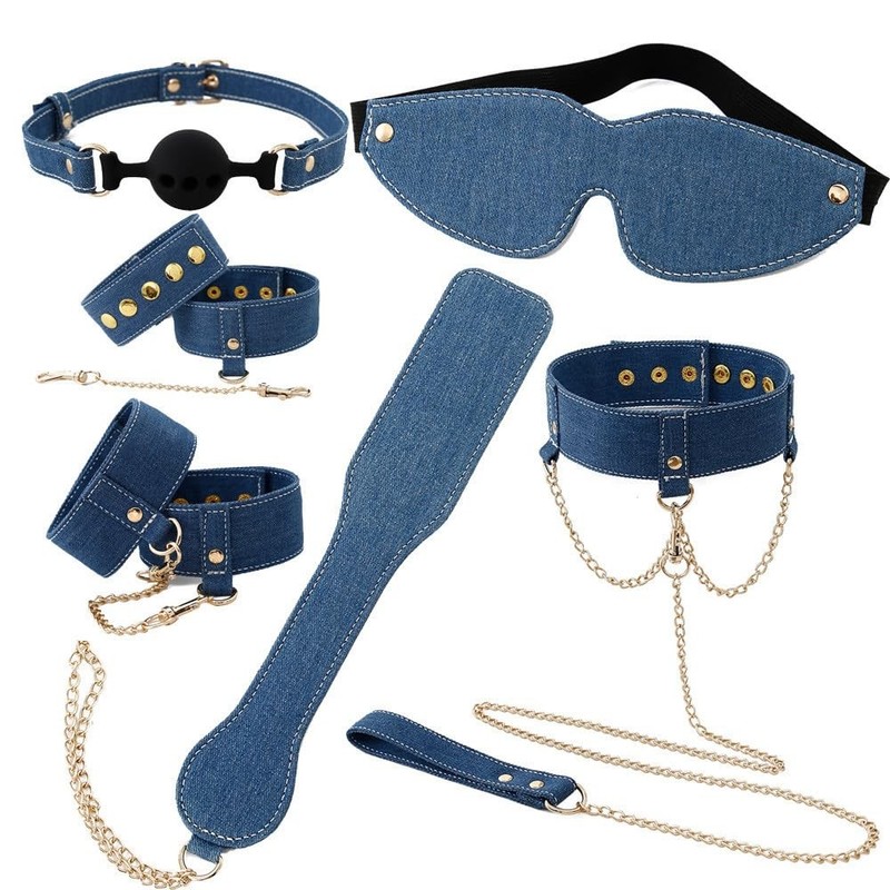 BDSM Sex Bondage Restraints Kit, 6Pcs Toys Kit for one size, Denim Blue